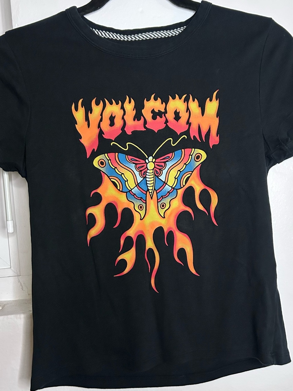 Volcom Black Tee with Colorful Butterfly and Flame Graphic